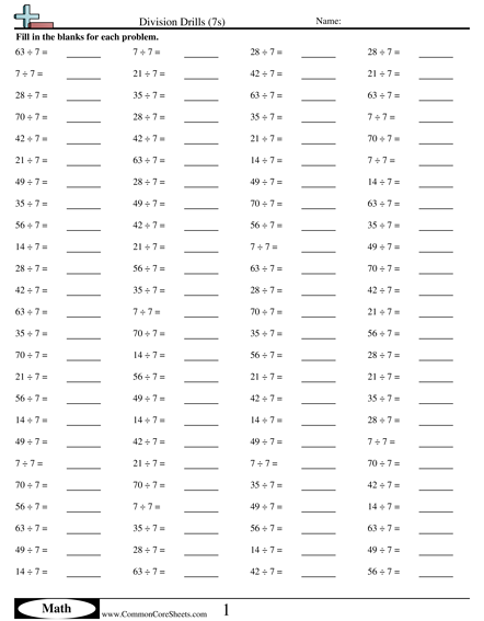 Math Drills Worksheets - Division Drills (7s) worksheet